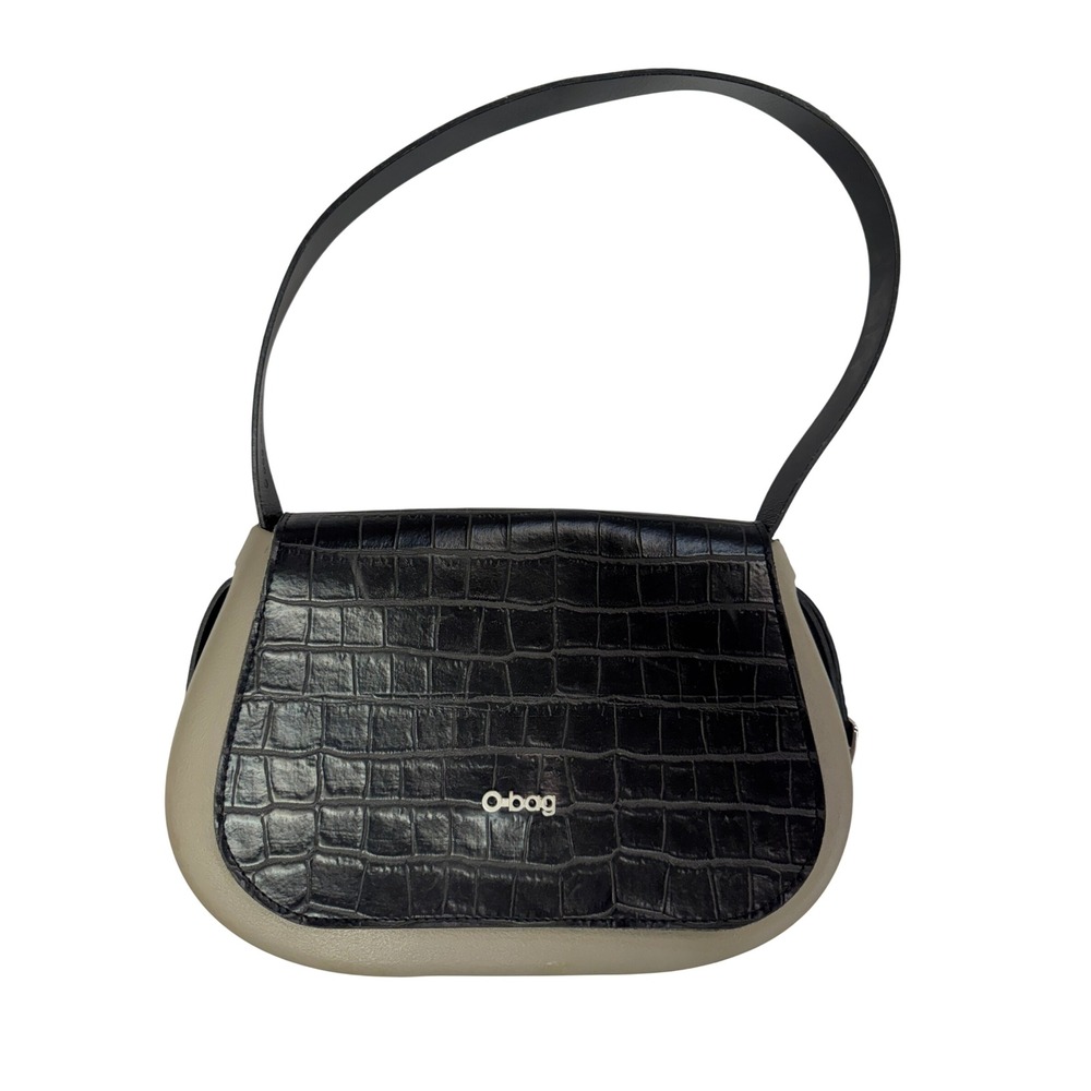 O bag Italian EVA Shoulder Bag Black Croc Embossed Flap Taupe OSH01 Italy